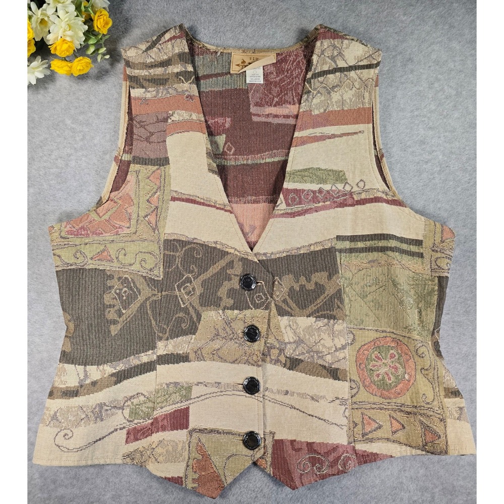Vintage New Frontier Clothing Co Tapestry Vest XXL Tan Southwestern Woven Aztec